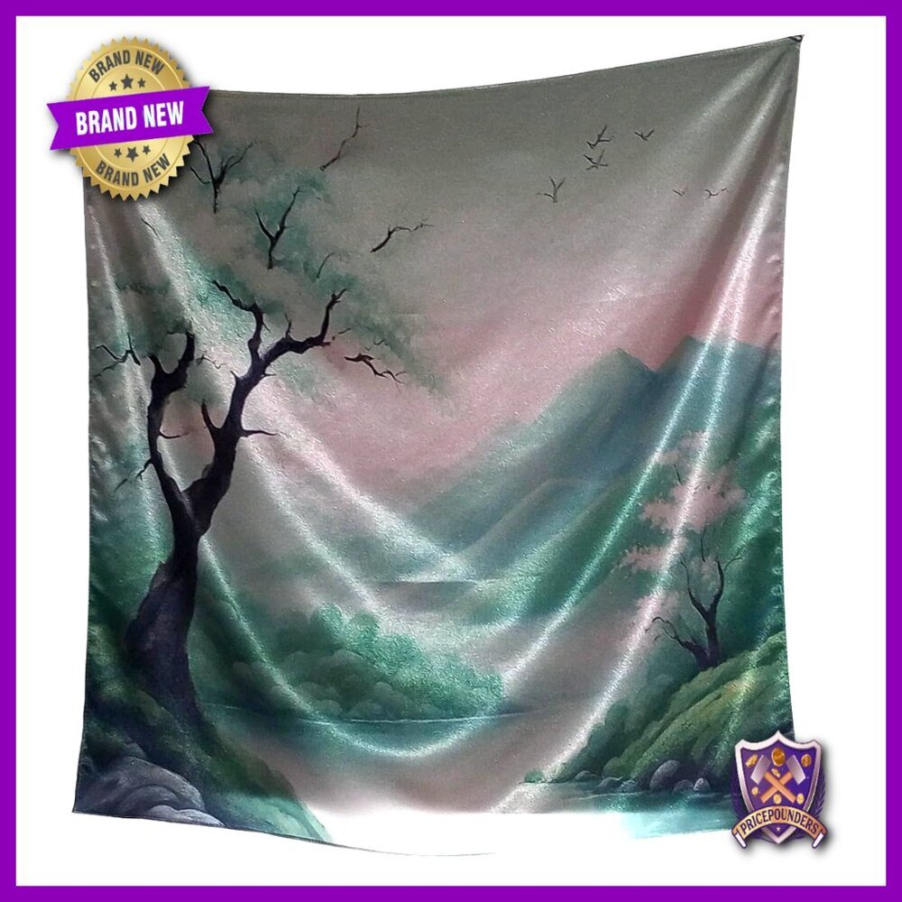 Large Silk Scarf 120 Inch Square Japanese Landscape Print Lightweight